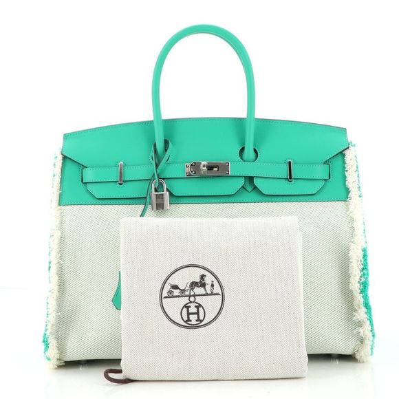Hermes Fray Fray Birkin Bag Toile and Swift 35 Green, Neutral - Picture 2 of 8